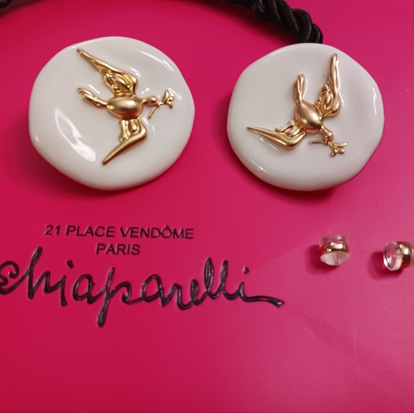 Schiaparelli Gold Bird EARRINGS studs & Signed Made In FRANCE RETAIL $1295